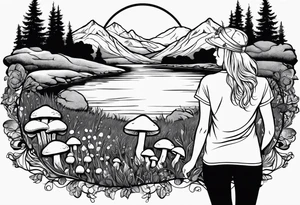 Straight long blonde hair hippie girl in distance holding mushrooms in hand facing away toward mountains and creek surrounded by mushrooms tee shirt and hiking pants

Entire picture within a circle tattoo idea