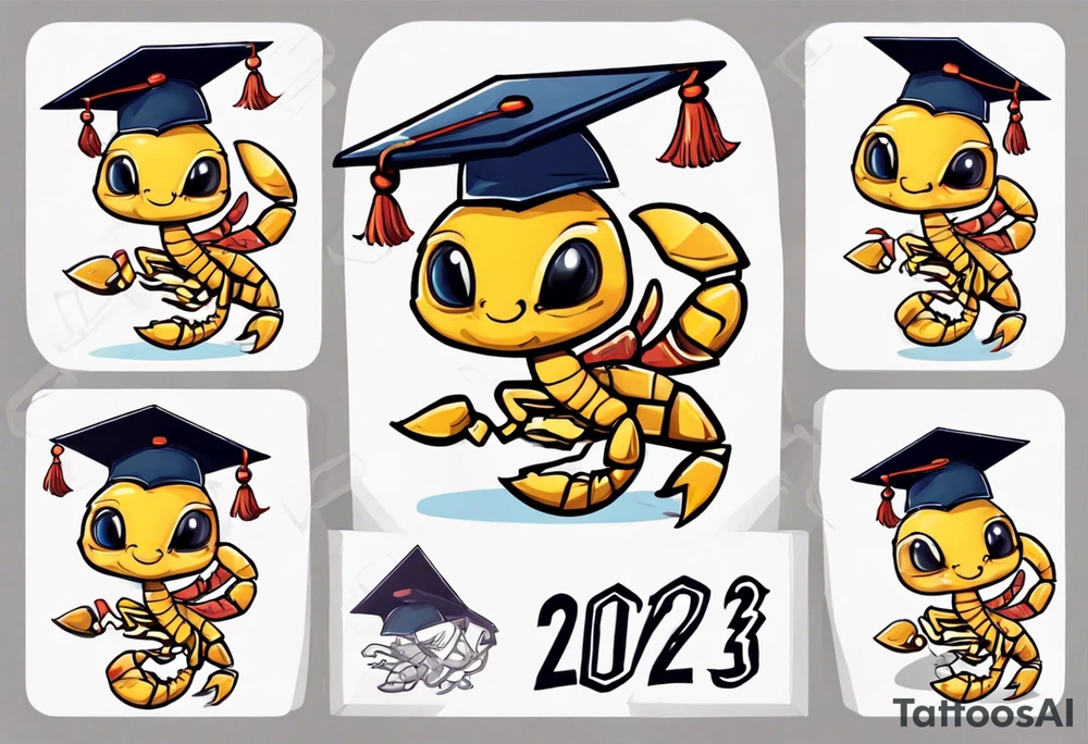 cute scorpion wearing a graduation cap that says 2023, with the background that represents game development and designs tattoo idea