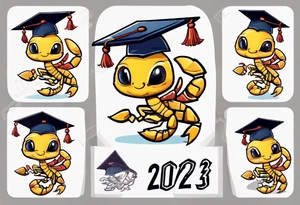 cute scorpion wearing a graduation cap that says 2023, with the background that represents game development and designs tattoo idea