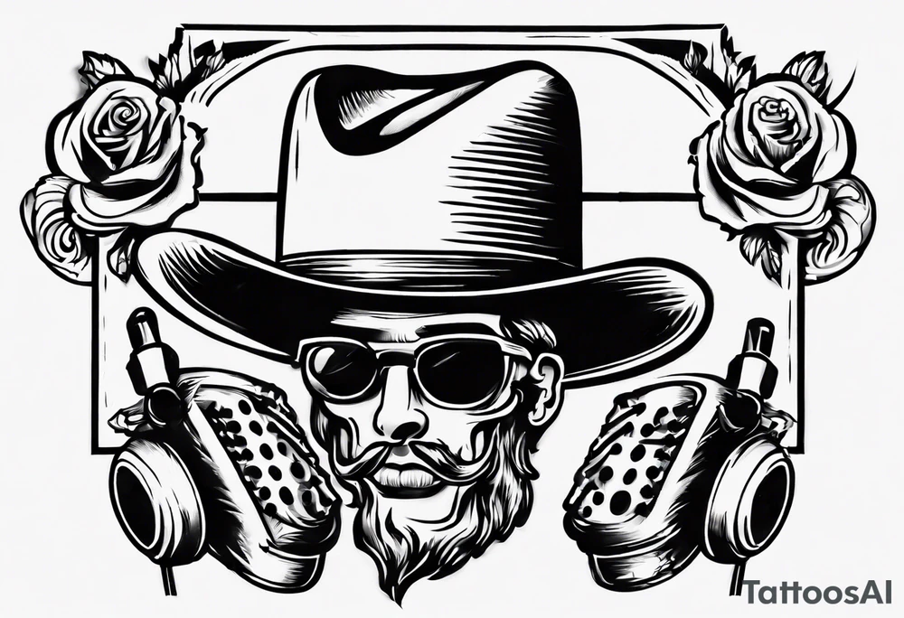 old school broadcast microphone with a cowboy hat on top of it. tattoo idea