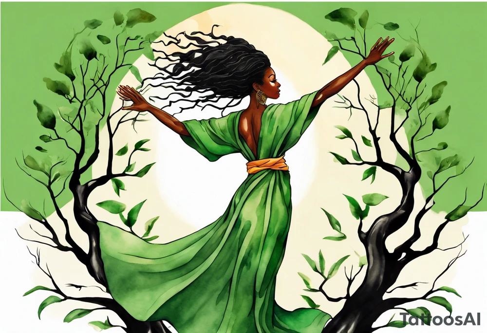 a beautiful black woman with tree roots for feet, wearing a green robe, arms reaching up towards the sun blazing in the sky tattoo idea