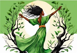 a beautiful black woman with tree roots for feet, wearing a green robe, arms reaching up towards the sun blazing in the sky tattoo idea