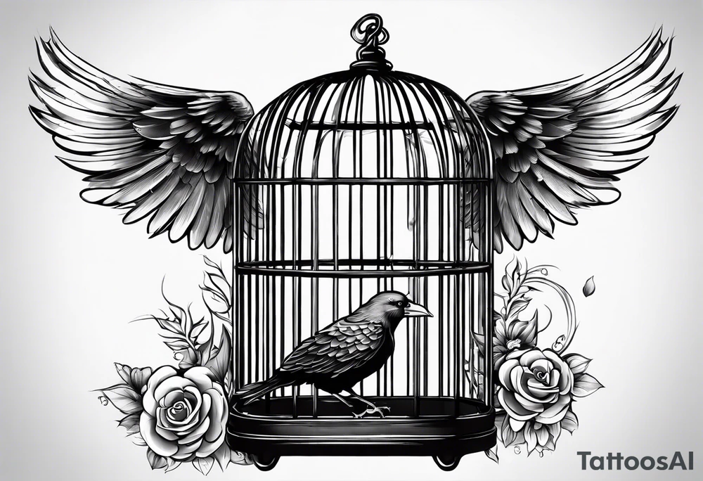 big bird in a long but too small cage for him. the bird seats in the cage and the wings of the bird passing threw the bars of the cage.
 Add decoration outside the cage like flowers or foliage tattoo idea