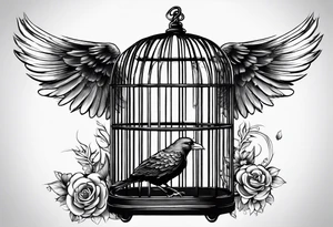 big bird in a long but too small cage for him. the bird seats in the cage and the wings of the bird passing threw the bars of the cage.
 Add decoration outside the cage like flowers or foliage tattoo idea
