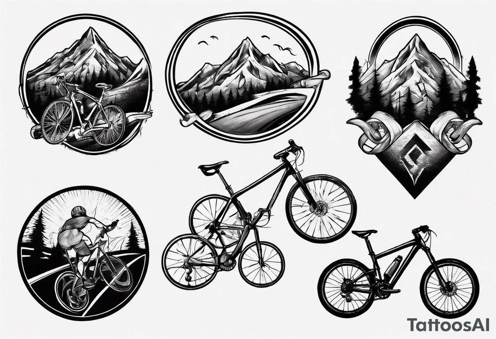 flexed bicep with road bicycle and a mountain tattoo idea