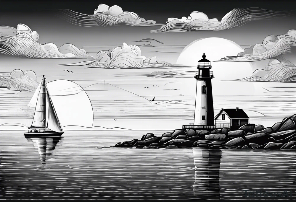 voilier vue de face. phare maritime fixé au centre du voilier et utilisé comme un mat pour les voiles. tattoo idea