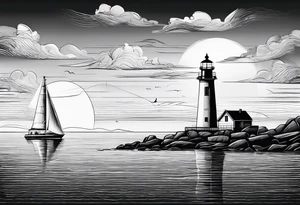 voilier vue de face. phare maritime fixé au centre du voilier et utilisé comme un mat pour les voiles. tattoo idea