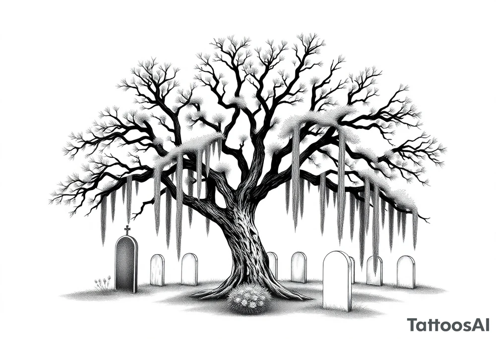 Laurel oak with Spanish moss in a cemetery tattoo idea