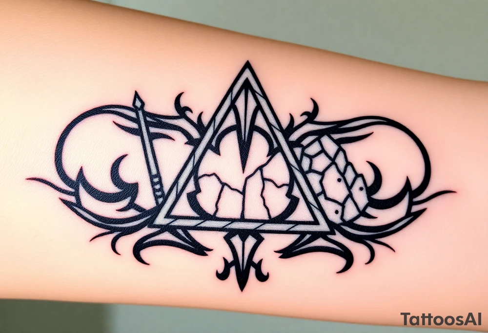 A silver and black Deathly Hallows full symbol, with each element forged in different textures—smooth metal for the Elder Wand, worn parchment for the Cloak, and cracked crystal for the Stone tattoo idea