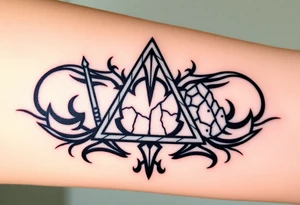 A silver and black Deathly Hallows full symbol, with each element forged in different textures—smooth metal for the Elder Wand, worn parchment for the Cloak, and cracked crystal for the Stone tattoo idea