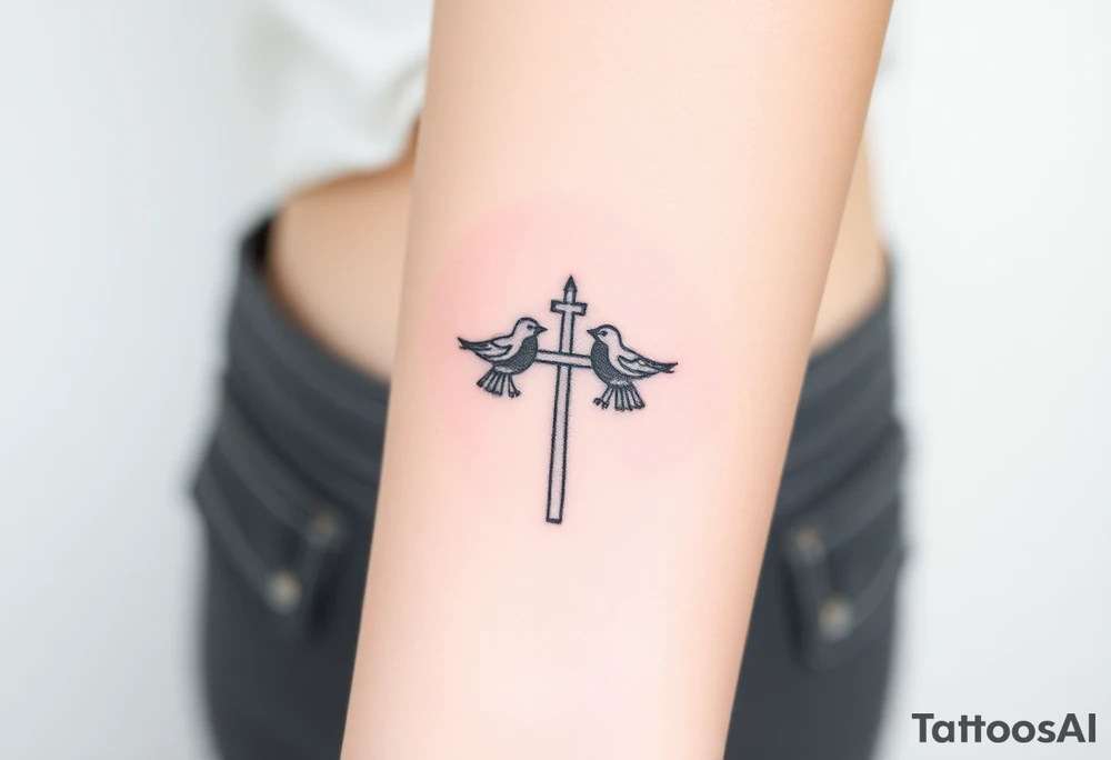 Weathered cross with 4 birds tattoo idea