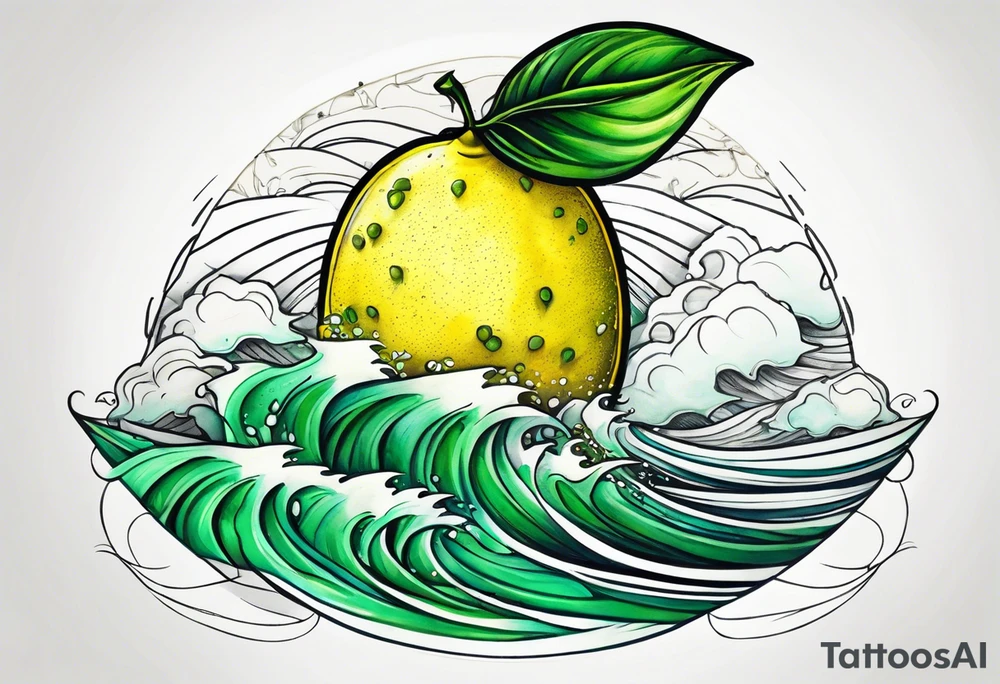 A lemon-Buoy with a green leaf-flag on waves tattoo idea