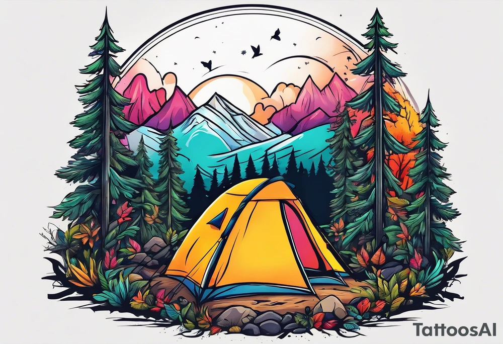Camping in a colorful forest, adventure, feminine tattoo idea
