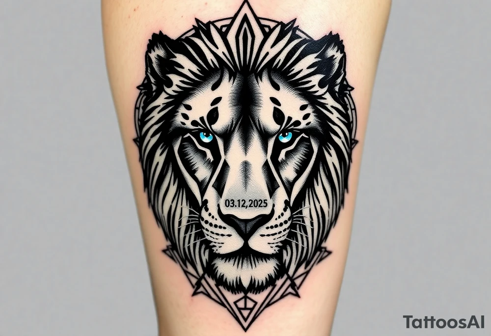 Lions face in a more realism style. Placement is on the back of the leg. Blend elements of curiosity and exploration through nature elements (forest, water, etc). Also add in geometric patterns around the lion. Make the eyes blue. Hide the date 03.12.2025 in Roman numerals somewhere in the geometric patterns. Think real hard and creatively tattoo idea
