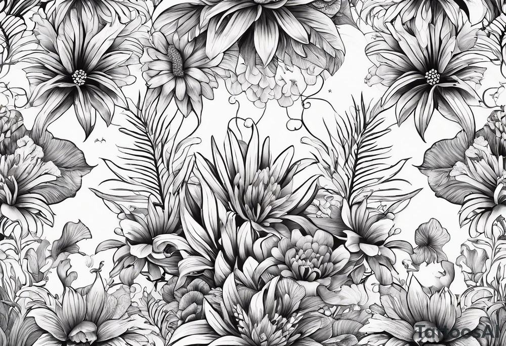 sea, flower, palm, animal tattoo idea
