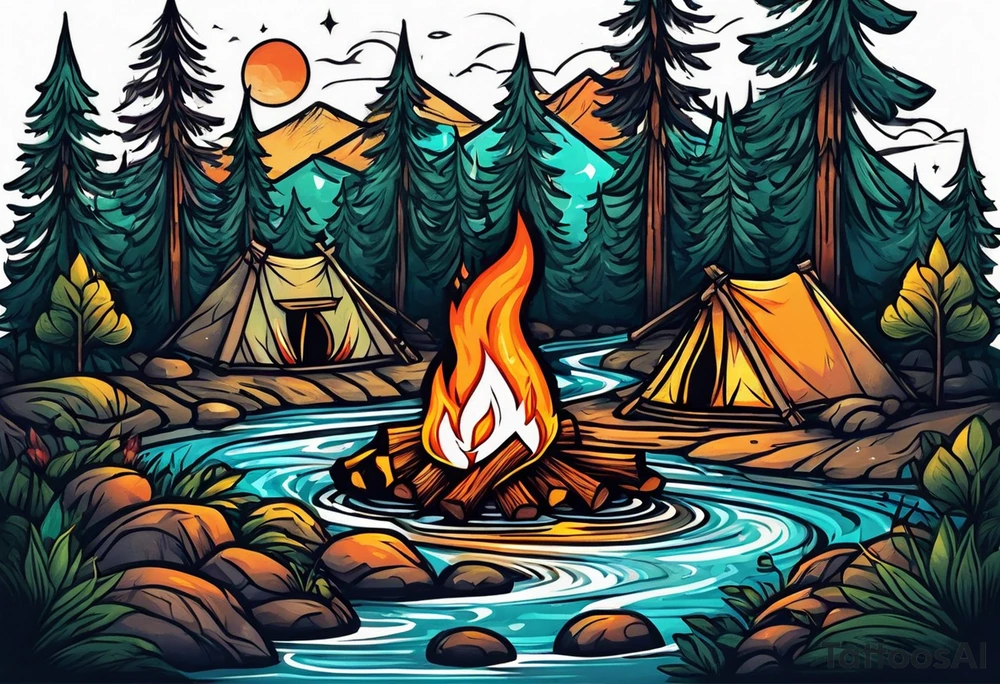 Small campfire in the forest where flow a small mountain stream tattoo idea