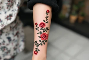 Tiny roses on a vine, curving slightly around the finger, in classic red and leaf green. tattoo idea