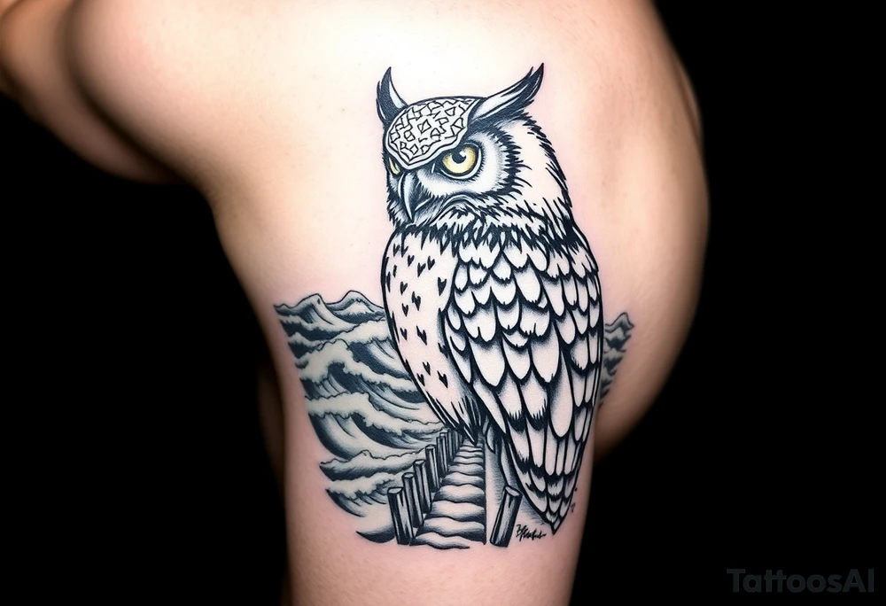 Masked owl overlooking a trench with waves in the background for the arm tattoo idea