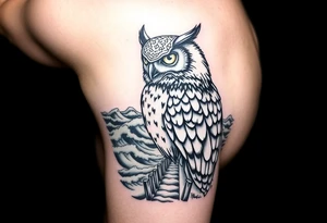 Masked owl overlooking a trench with waves in the background for the arm tattoo idea