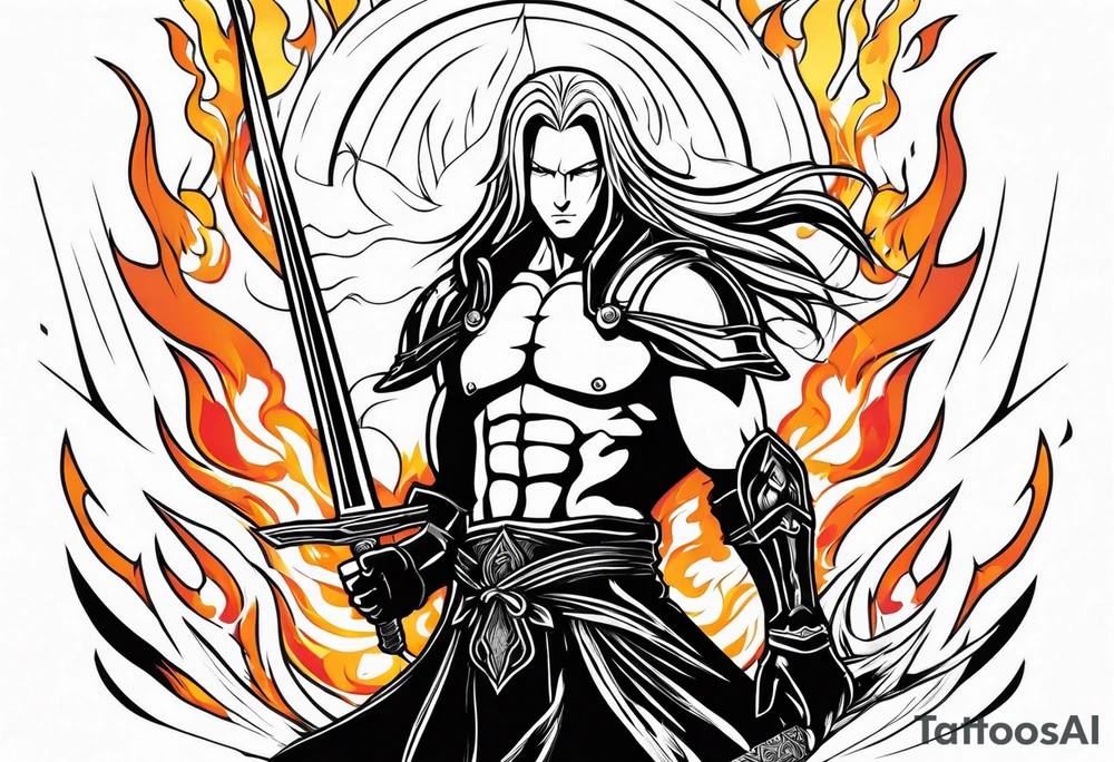 Sephiroth in flames with his sword and armour tattoo idea