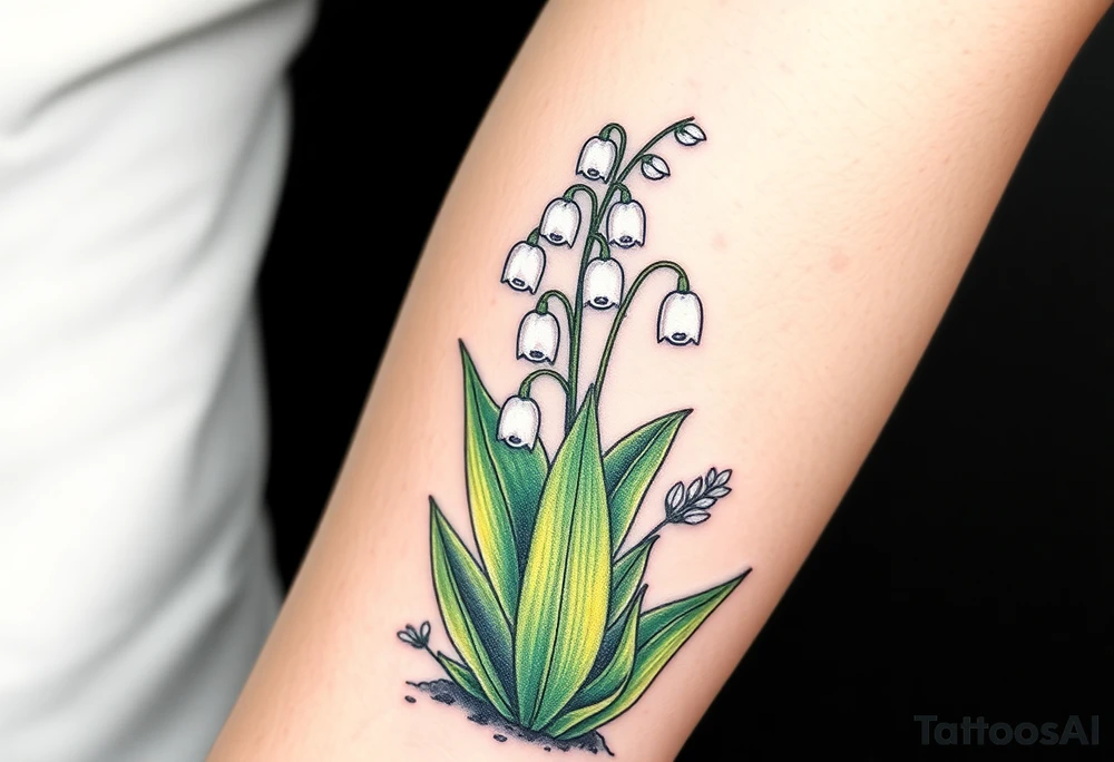 Small White lily in the valley bells growing next to other different colored lilie plants planted 
around  blooming hawthorn tree tattoo idea