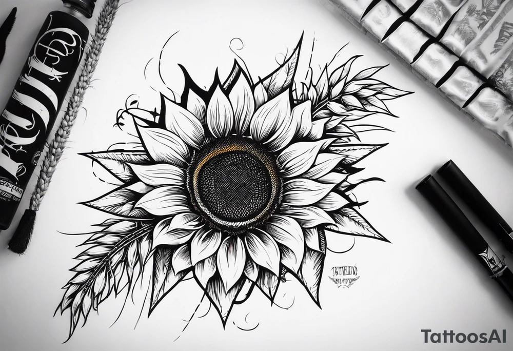 Sunflower, wheat, and barbed wire half sleeve tattoo idea