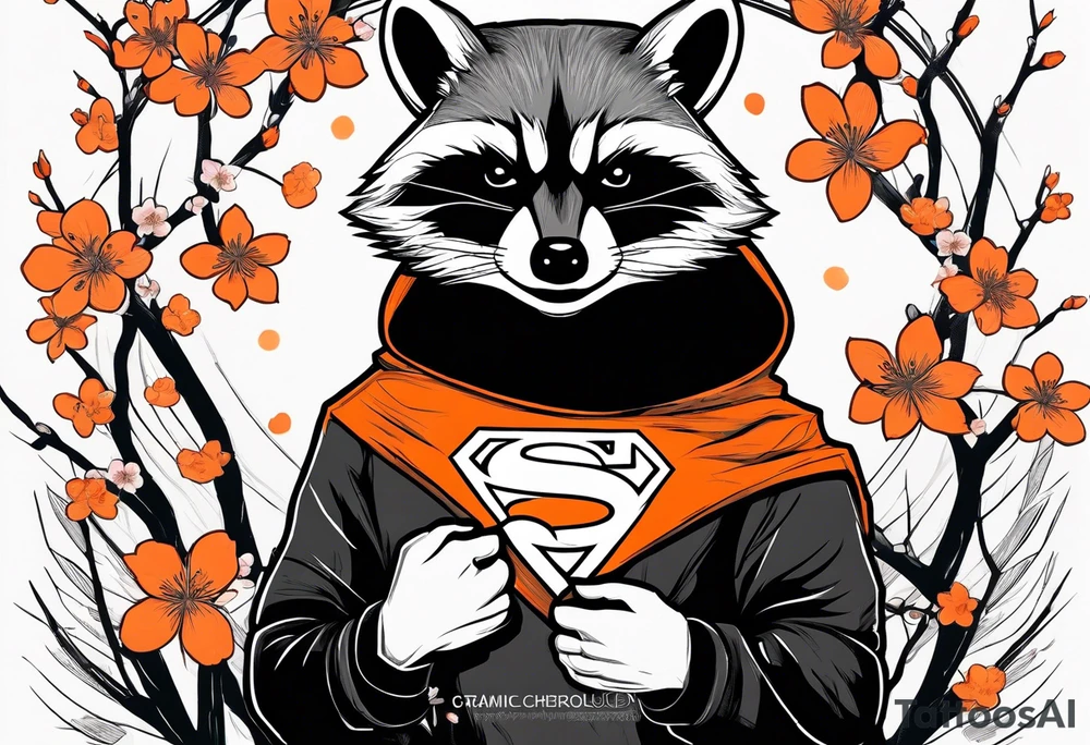 Raccoon wearing a white Superman logo on a black hoodie and orange Japanese cherry blossoms beside tattoo idea