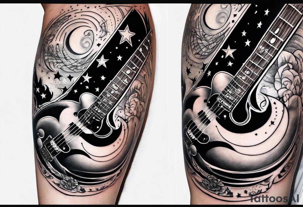 Collage for full sleeve with:
2 stars, 
1 quarter moon, 
a bass guitar, 
a caduceus symbol and 
a mickey mouse shadow tattoo idea