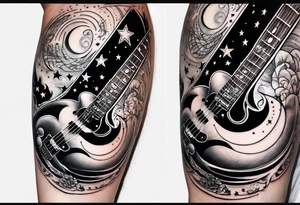 Collage for full sleeve with:
2 stars, 
1 quarter moon, 
a bass guitar, 
a caduceus symbol and 
a mickey mouse shadow tattoo idea