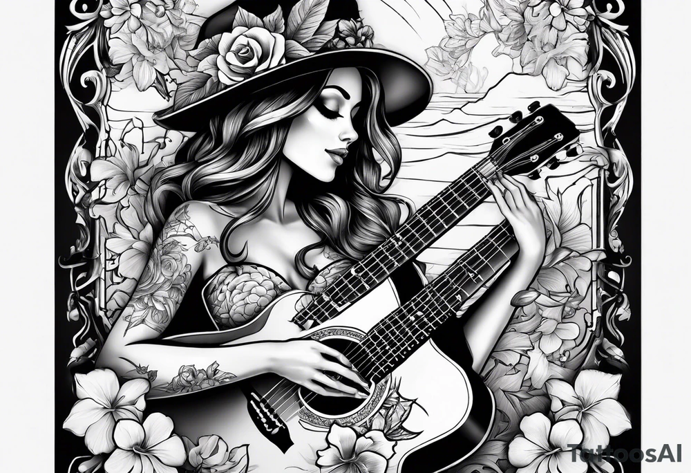 a female skeleton with hibisucs flowers, and a male skeleton playing guitar. tattoo idea