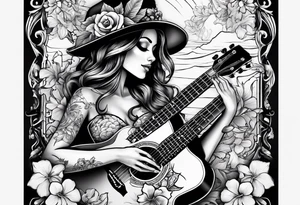 a female skeleton with hibisucs flowers, and a male skeleton playing guitar. tattoo idea