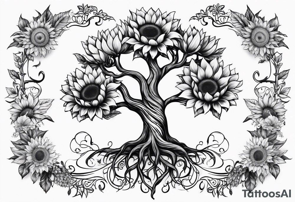 Feminine Yggdrasil tree with 2 sunflowers tattoo idea