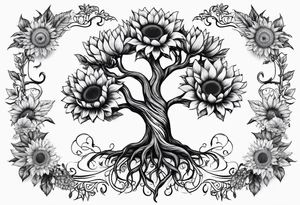 Feminine Yggdrasil tree with 2 sunflowers tattoo idea
