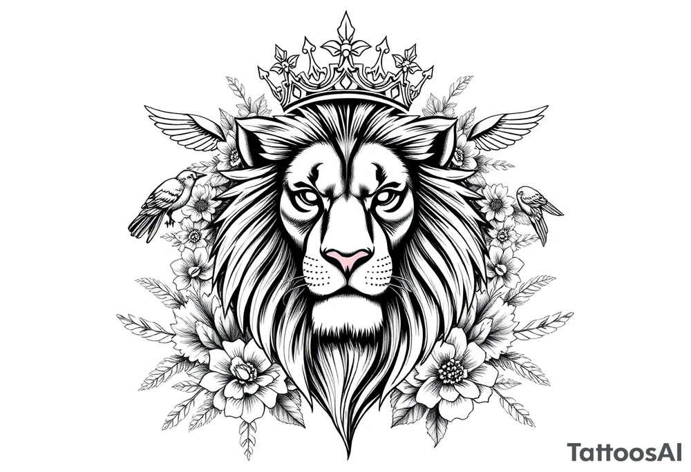 powerful majestic lion with a crown, surrounded by floral ornaments and birds tattoo idea