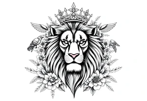 powerful majestic lion with a crown, surrounded by floral ornaments and birds tattoo idea