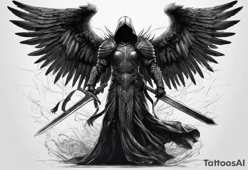 realistic full body of black angel of death, no face, face is not visible, with wings holding only one sword in both hands, the sword is held edge toward the ground tattoo idea
