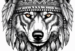 Half wolf head half skull with Native American bonnet tattoo idea