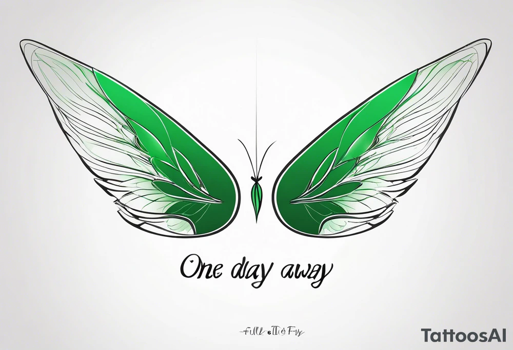 Green fairy wings with text “one day I’ll fly away” tattoo idea