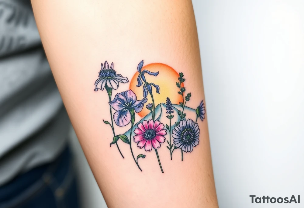 a bunch of cutleaf coneflower, blue flag iris, bee balm, obedient plant, purple coneflower on a hill with a sunset tattoo idea