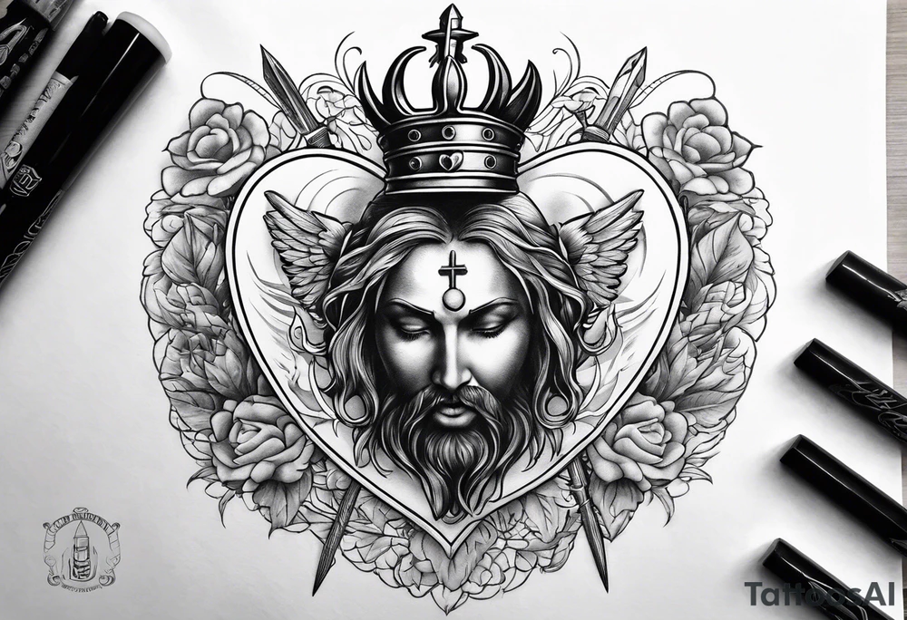 sacred heart with 3 swords instead of a cross. In front of a seraphim. tattoo idea