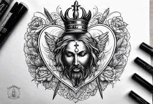 sacred heart with 3 swords instead of a cross. In front of a seraphim. tattoo idea