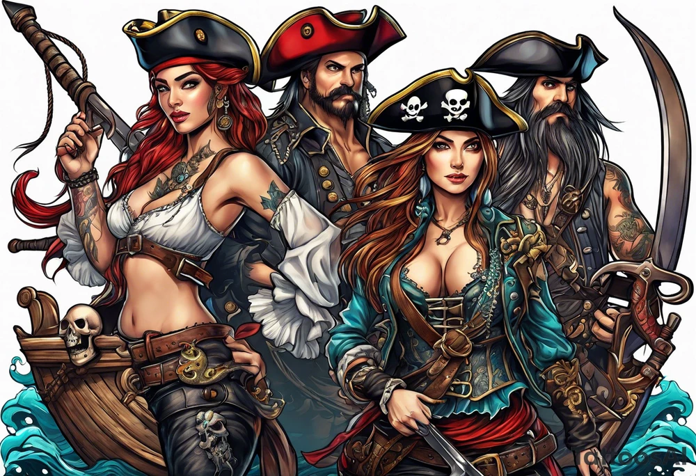 sexy female pirates with a group of skull pirates and a sea monster tattoo idea