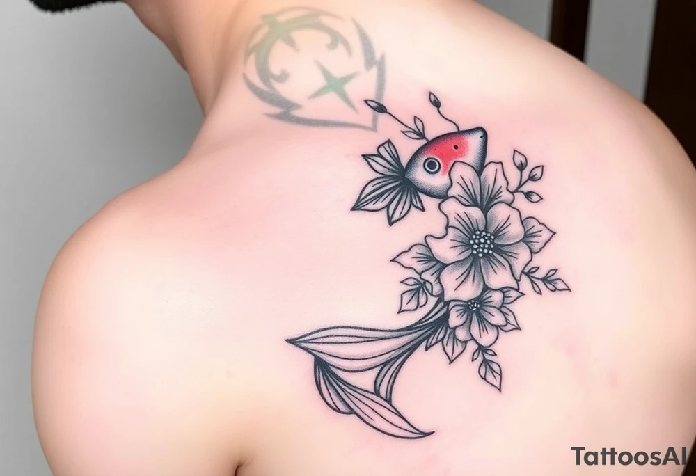 I want the tattoo starting at my collar bone, and I want it to go down my arm, but doesn’t go past my elbow. I want my middle name, Sané” on my collarbone area and I want the red and black koi fish too on my shoulder area. And I want flowers that represent healing, happiness, and peace and purity. tattoo idea