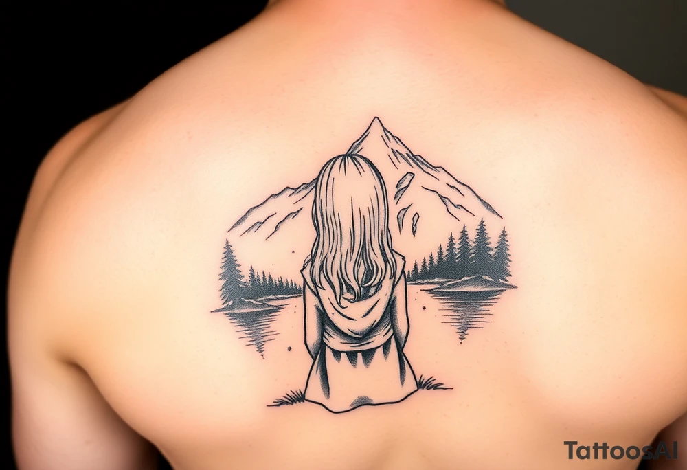 Little blond girl in front of a lake and mountain tattoo idea