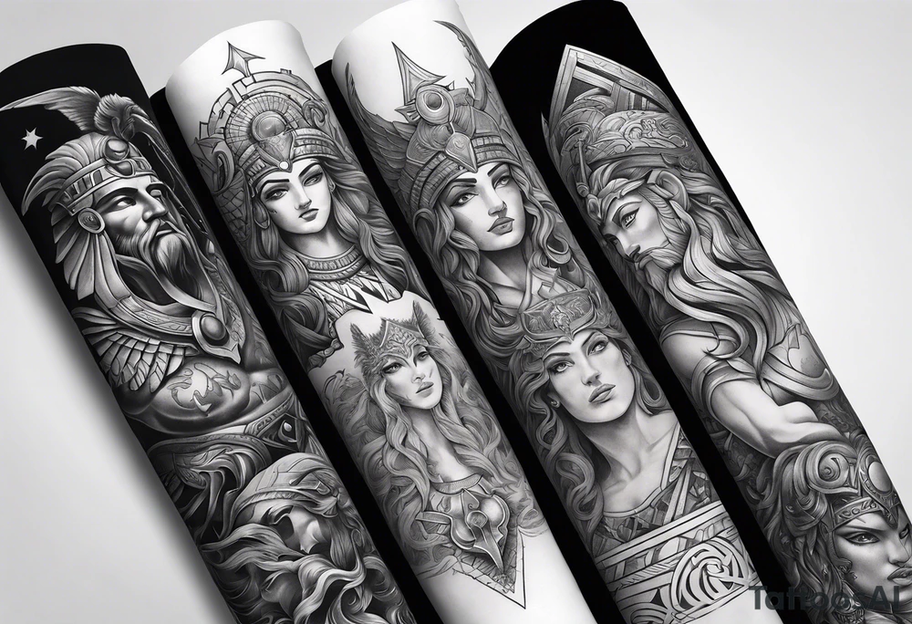 Arm sleeve. Mixed gods including.
Greek gods & Egyptian gods & norse gods tattoo idea