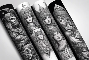 Arm sleeve. Mixed gods including. 
Greek gods & Egyptian gods & norse gods tattoo idea