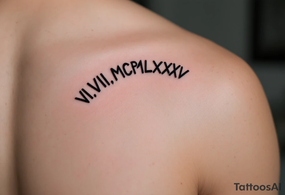 Dark ink VI.VIII.MCMLXXXV arched over the shoulder blade, with cracked marble texture for a timeless look. tattoo idea