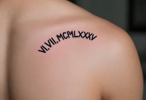 Dark ink VI.VIII.MCMLXXXV arched over the shoulder blade, with cracked marble texture for a timeless look. tattoo idea