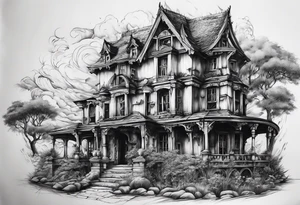 fool sleeve, abandoned old gotic house, broken sword tattoo idea