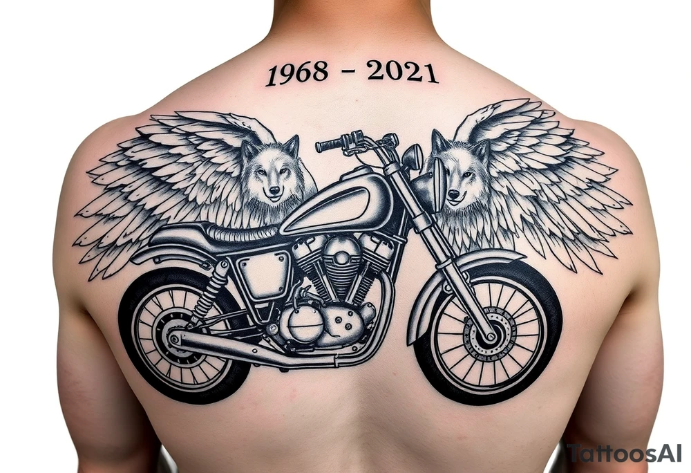 the year 1958 - 2021 with a motorcycle on it with guardian angel wolves tattoo idea